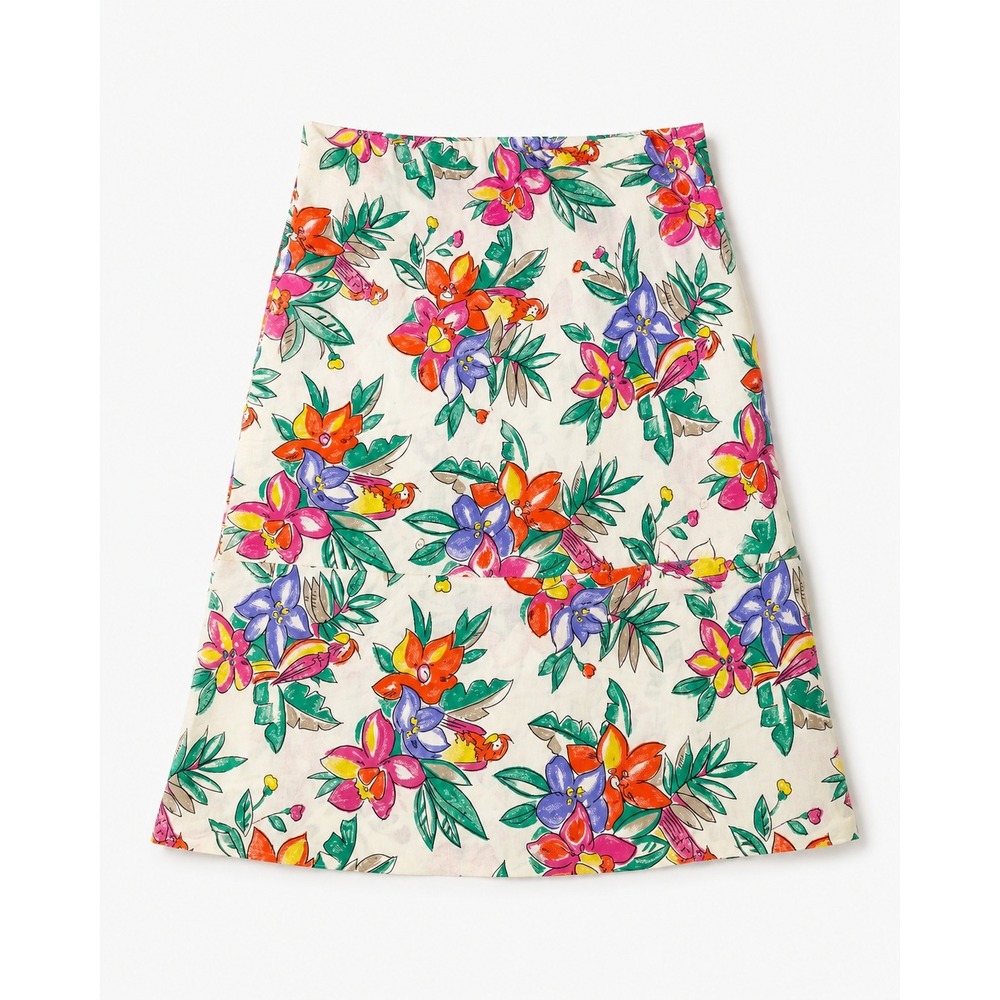 Koret Skirt White Tropical Parrot Floral Vintage Cotton Midi Plus Size 24W L1909